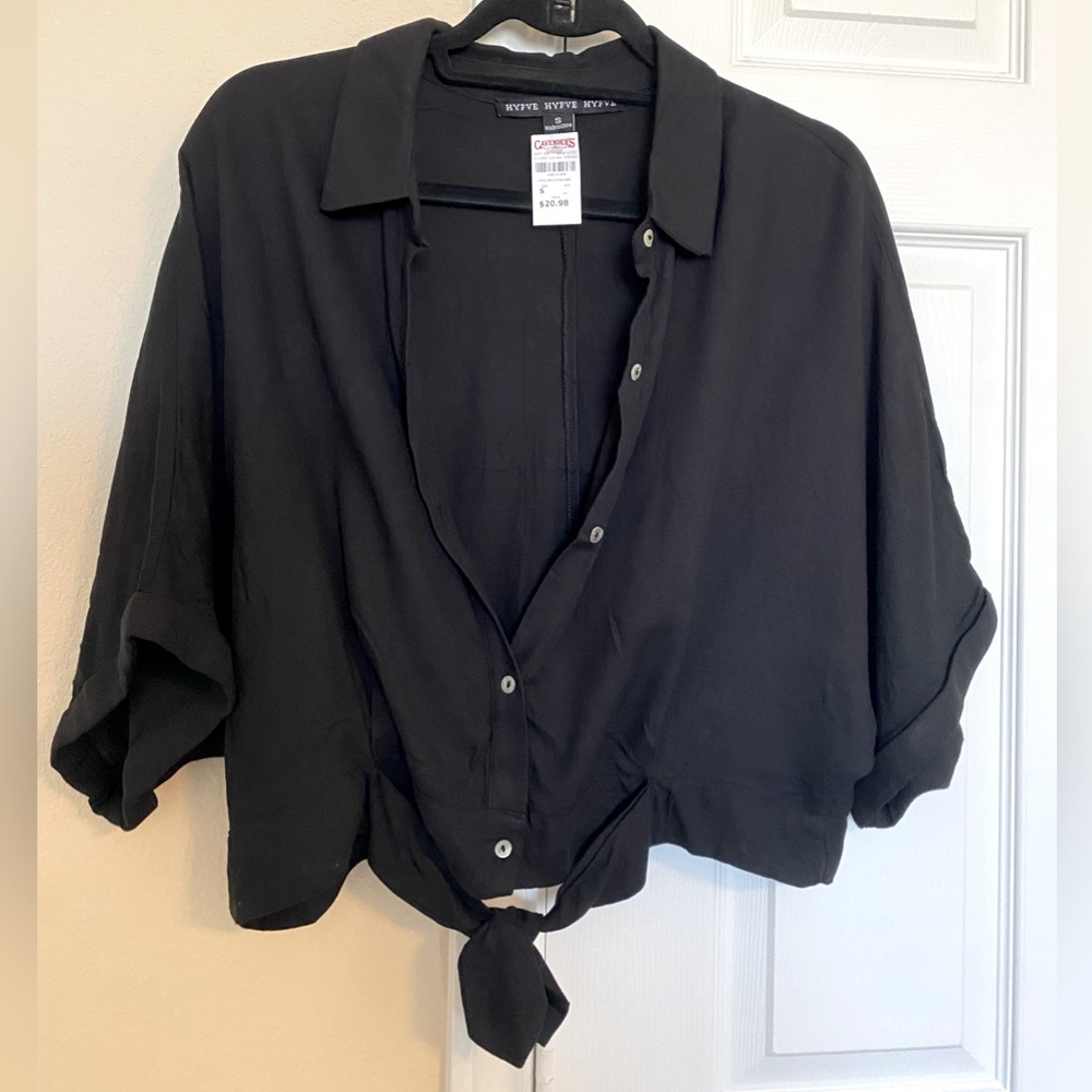 HYFVE Black Crop Tied Button Up Dolman Sleeves Top